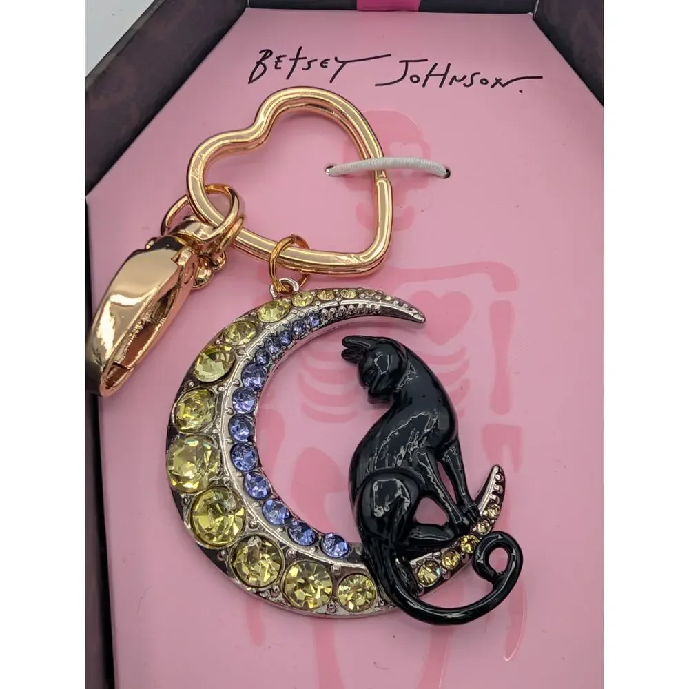 $58 Betsey Johnson Halloween Moon & Black Cat Jewelry Charm Keychain NEW in Box